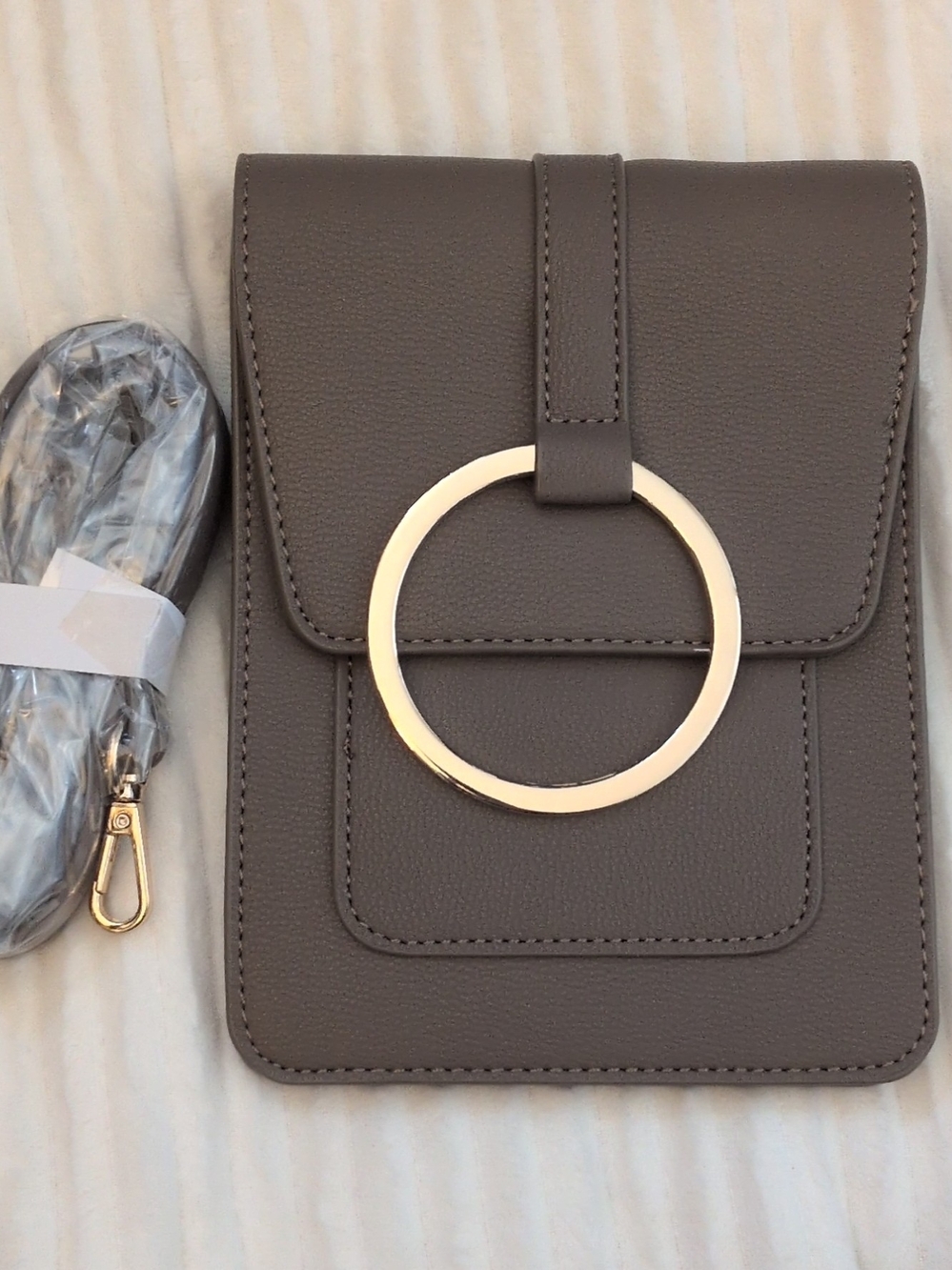 Chic Taupe Crossbody Phone Bag with Gold Ring